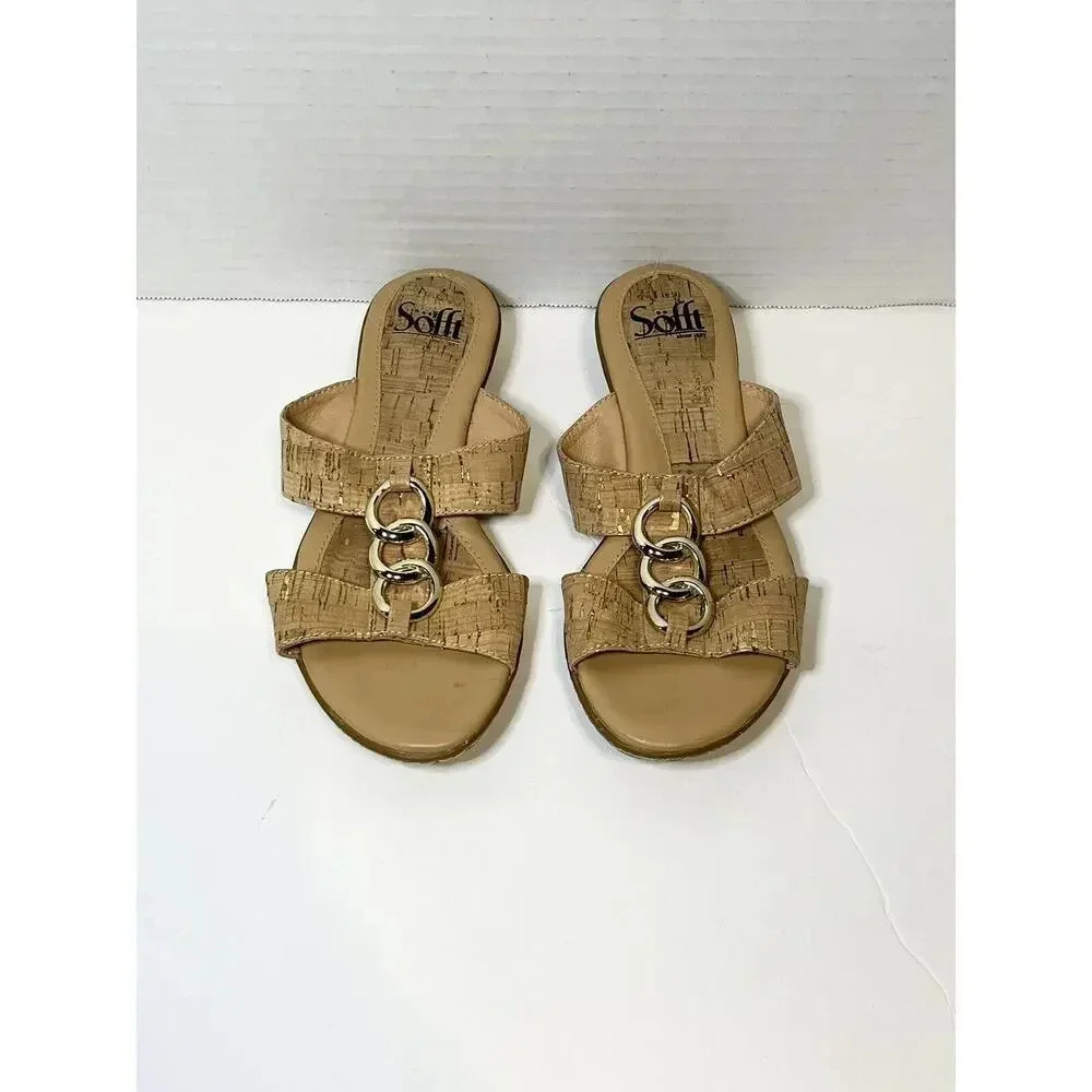 Sofft Slip On Sandals Womens 6.5 M Slide‎ Camel Brown Open Toe Gold Accents